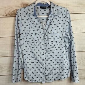 7th Avenue Blue Stripes & Bow Print Long Sleeve Button Up Size Large